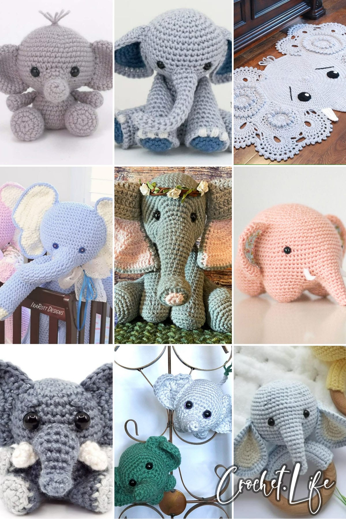 photo collage of crochet elephant patterns