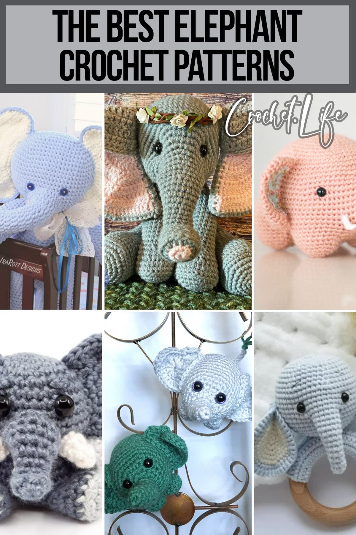 photo collage of patterns for elephant crochet with text which reads the best elephant crochet patterns