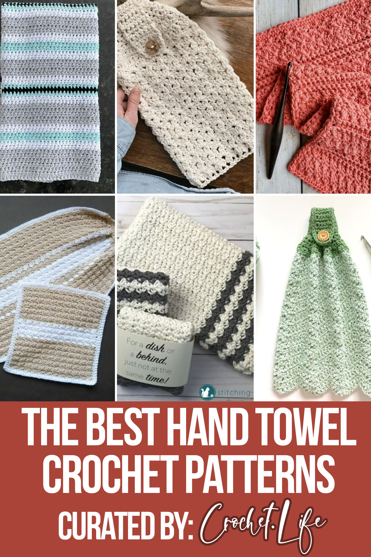 photo collage of kitchen towel crochet patterns with text which reads the best hand towel crochet patterns curated by crochet.life