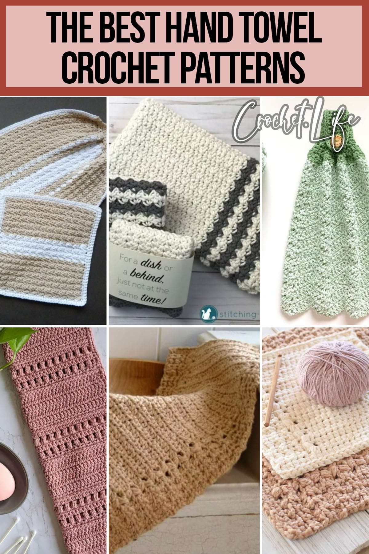 photo collage of crochet patterns for hand towels with text which reads the best hand towel crochet patterns 