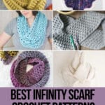 photo collage of crochet patterns for infinity scarves with text which reads best infinity scarf crochet patterns curated by crochet.life