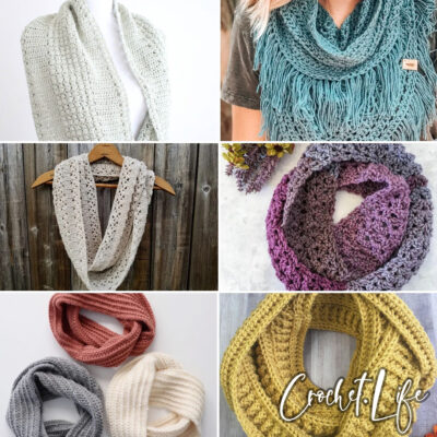 photo collage of infinity scarf crochet patterns