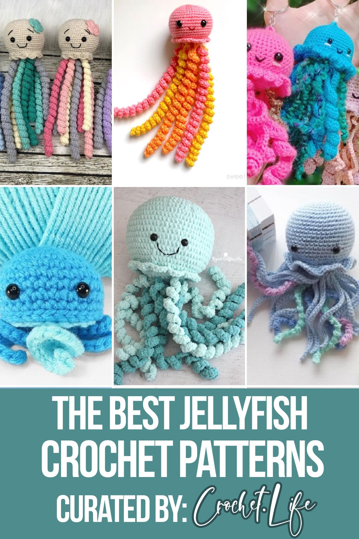 photo collage of octopus crochet patterns with text which reads the best jellyfish crochet patterns curated by crochet.life
