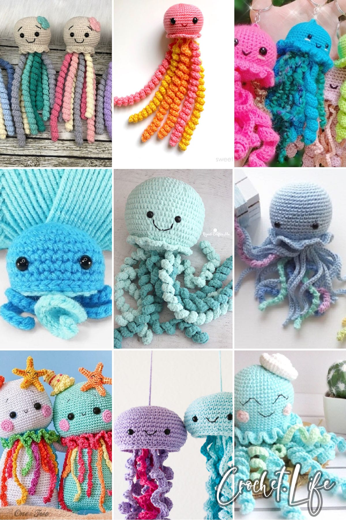 photo collage of crochet jellyfish patterns