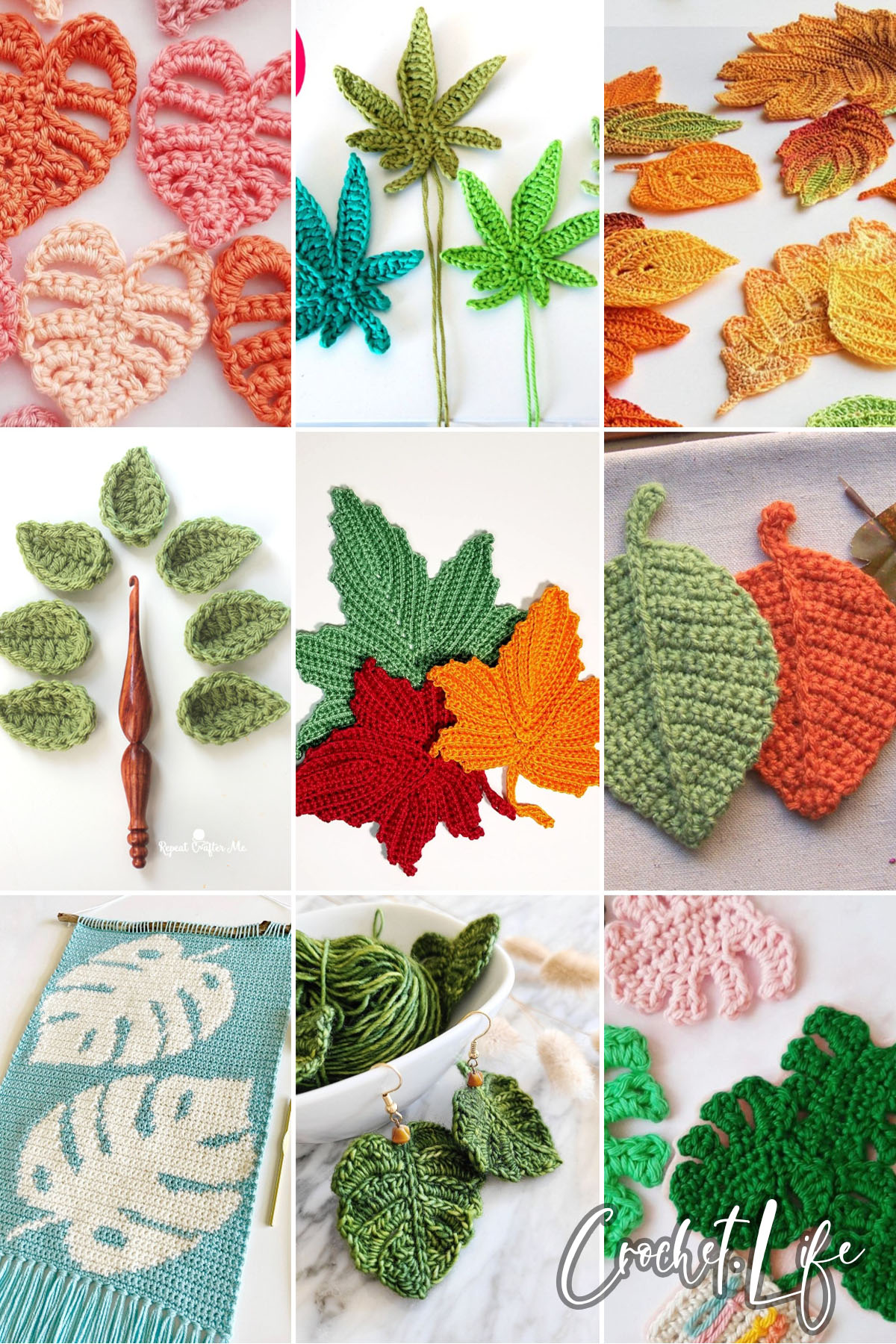 photo collage of crochet leaf patterns