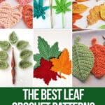 photo collage of crochet patterns for leaves with text which reads the best leaf crochet patterns curated by crochet.life