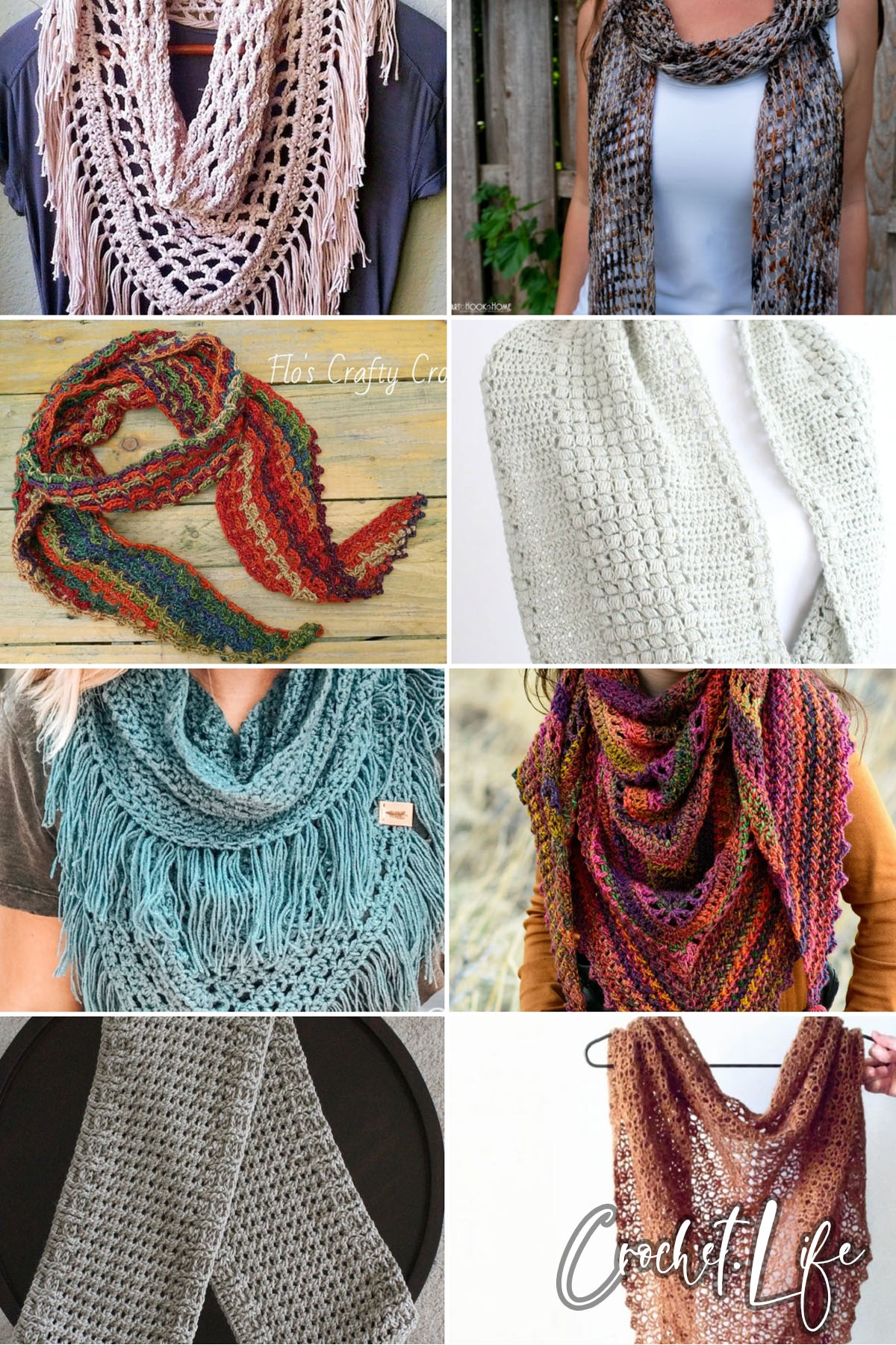 photo collage of lightweight crochet scarf patterns