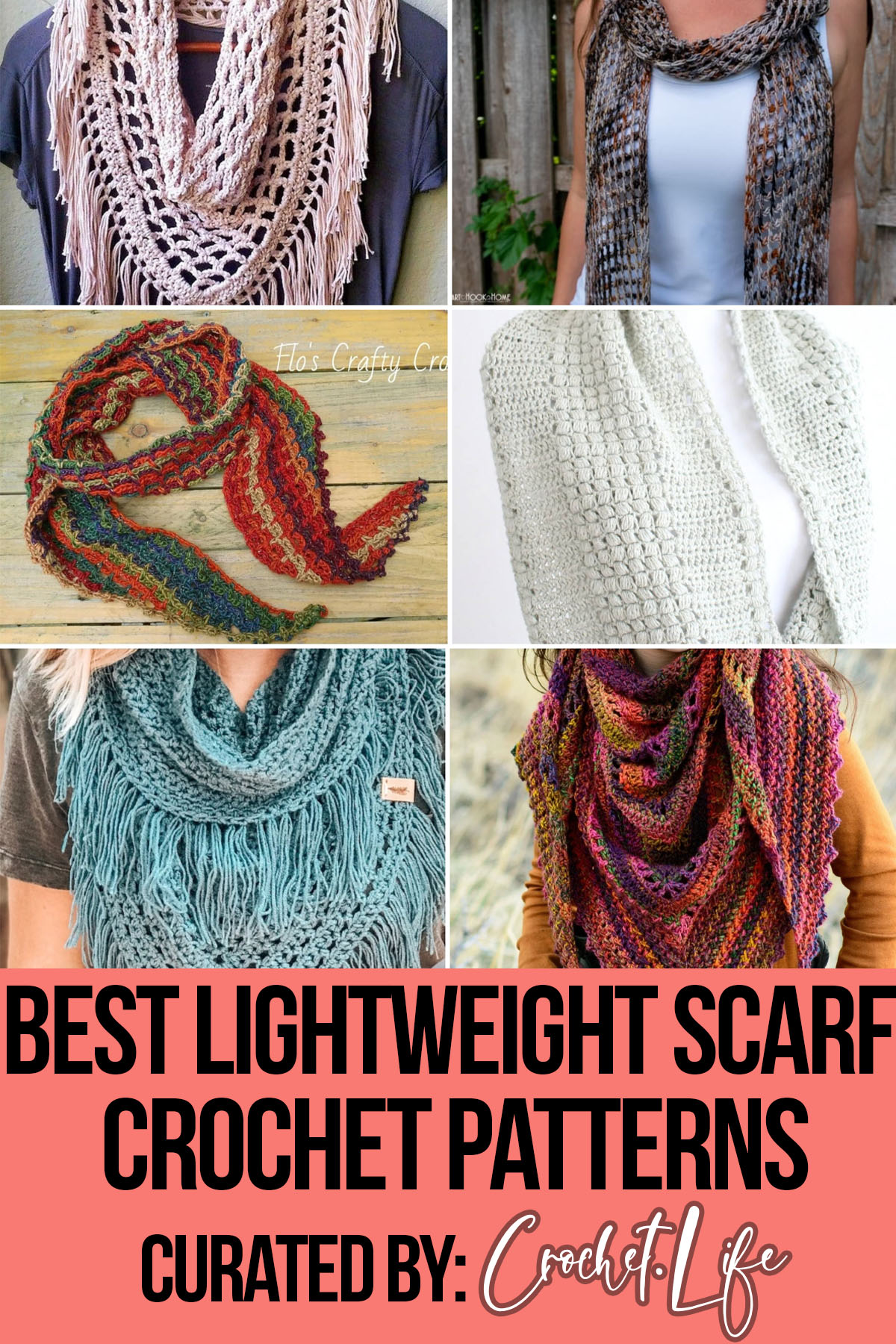 photo collage of crochet patterns for a lightweight scarf with text which reads best lightweight scarf crochet patterns curated by crochet.life