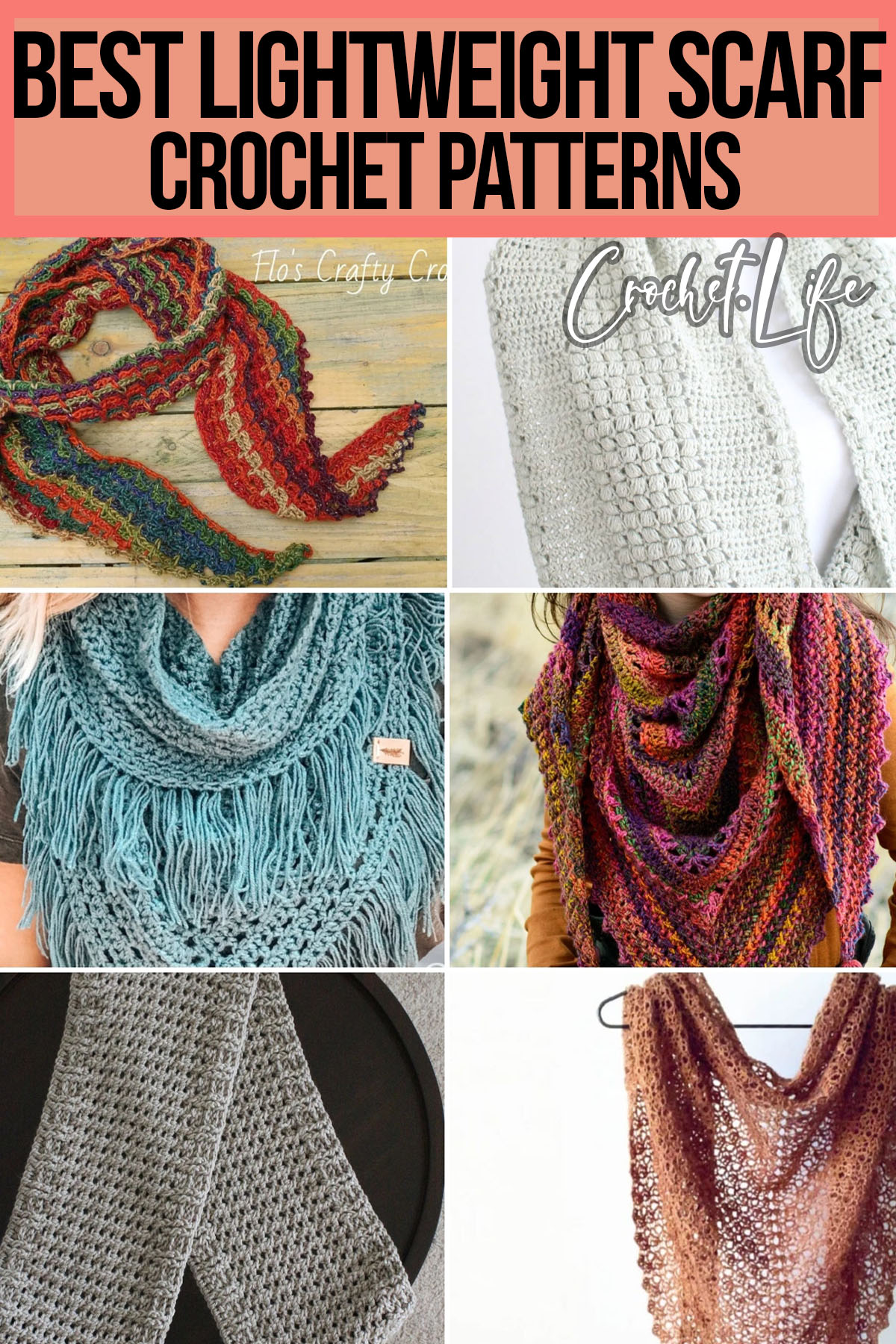 photo collage of lightweight scarf crochet pattern collection with text which reads best lightweight scarf crochet patterns