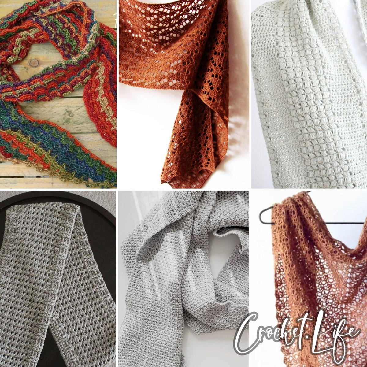 photo collage of lightweight scarf crochet patterns