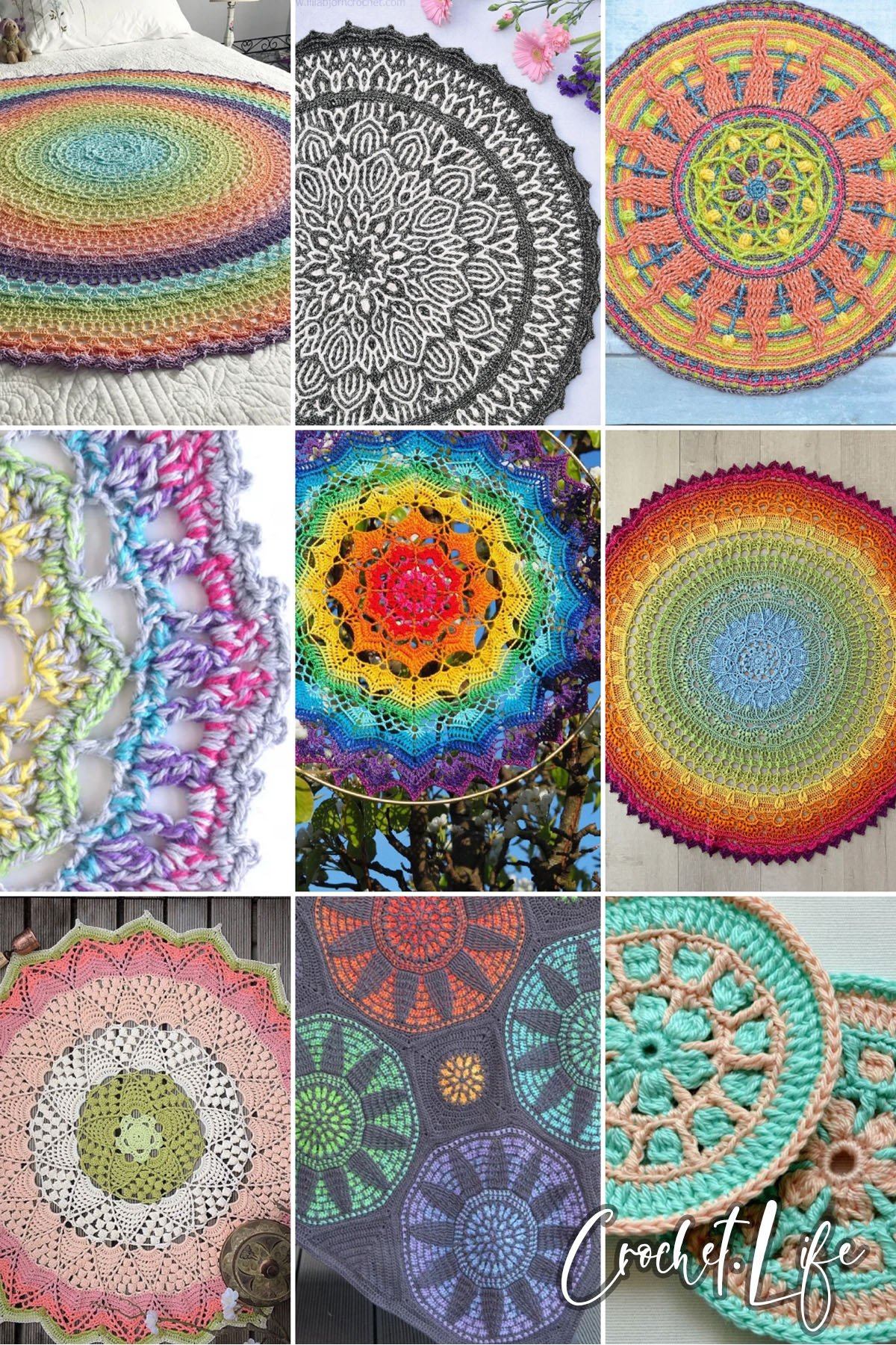 photo collage of crochet mandala patterns