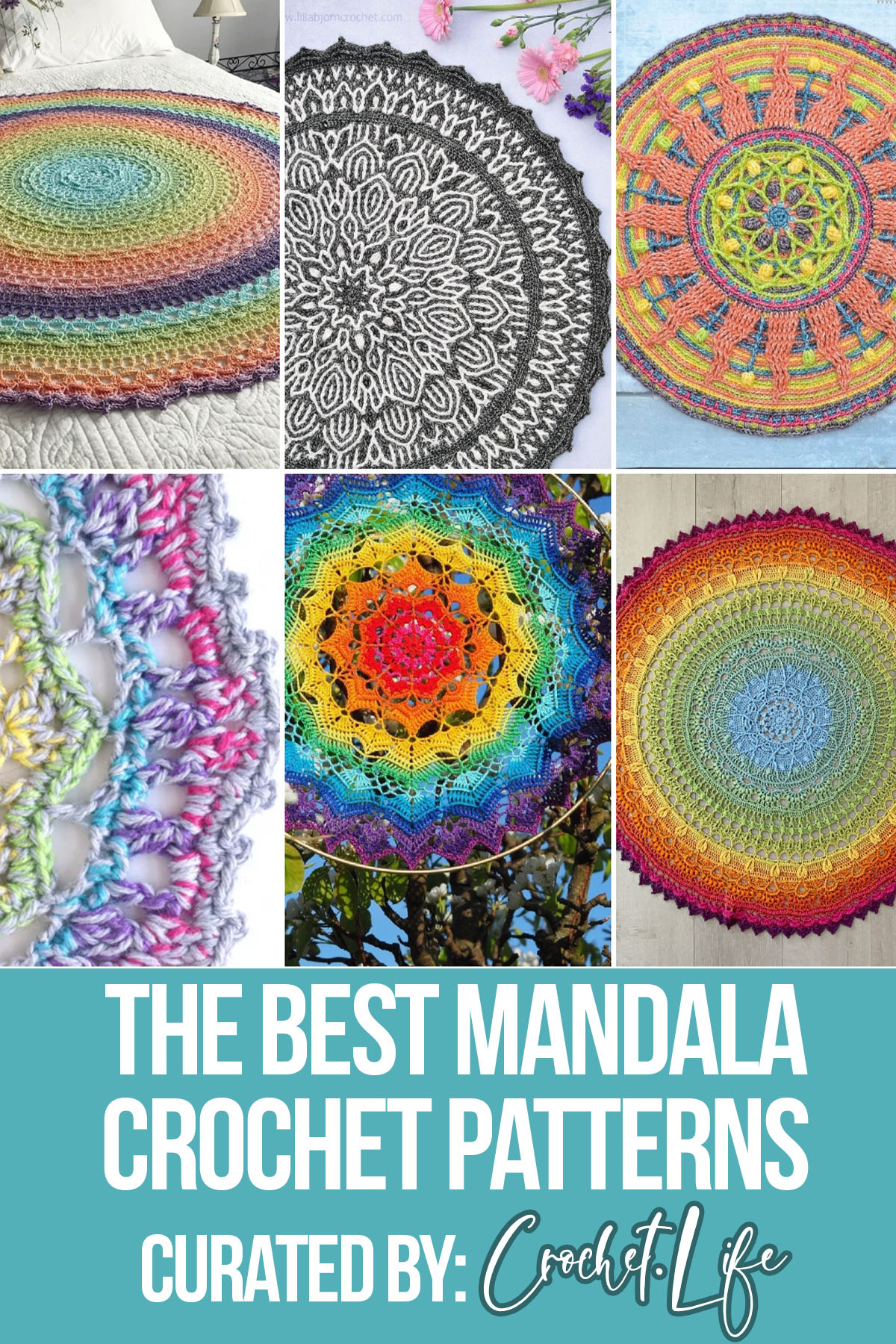 photo collage of easy mandala crochet pattern ideas with text which reads the best mandala crochet patterns curated by crochet.life
