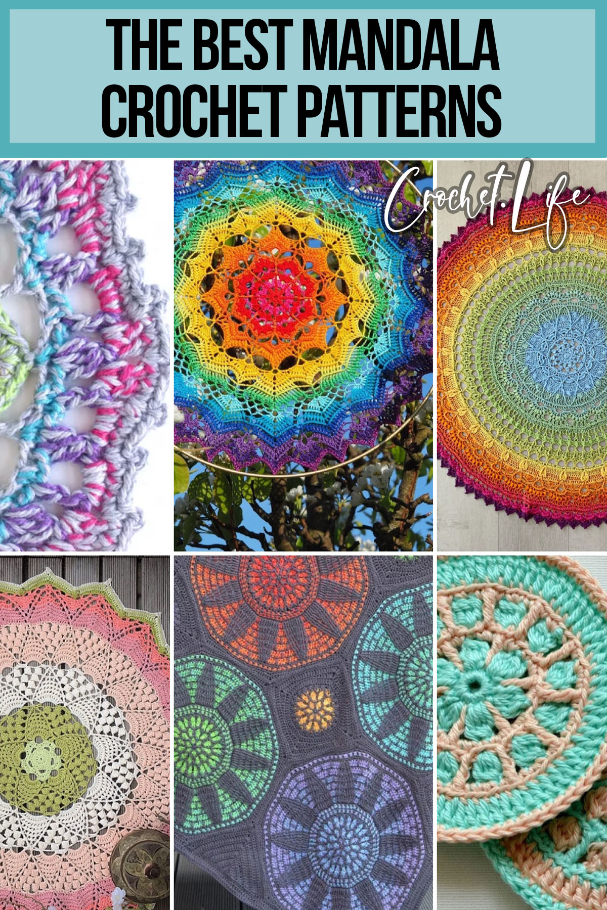 photo collage of mandala crochet patterns with text which reads the best mandala crochet patterns