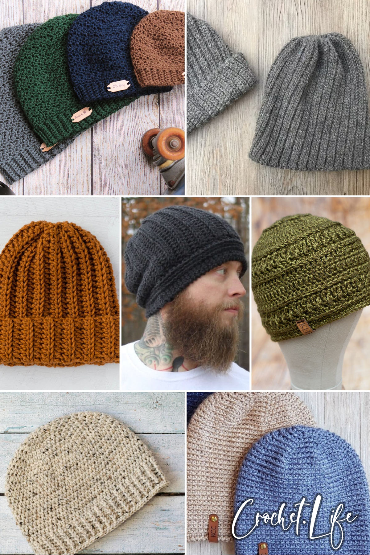 photo collage of crochet men's beanie patterns