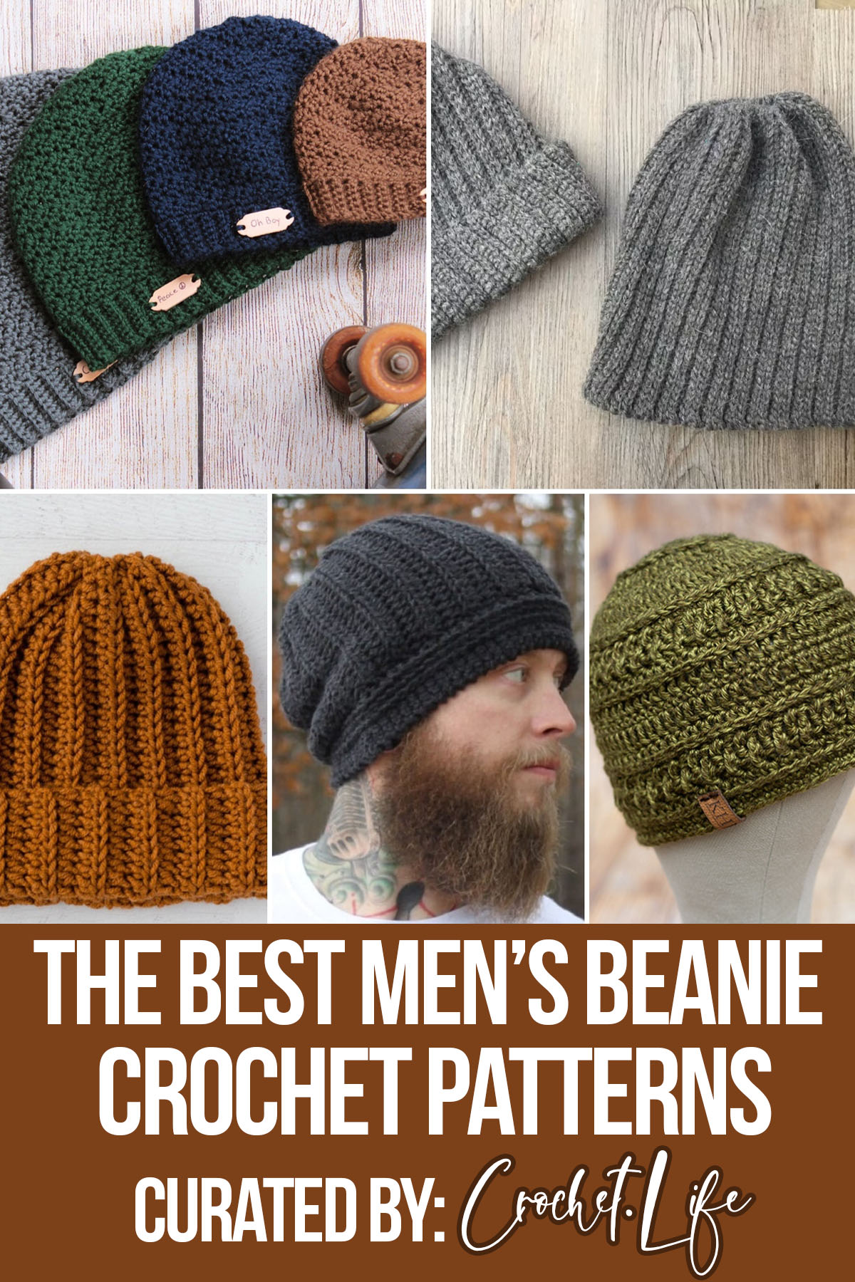 photo collage of beanie crochet patterns for men with text which reads the best men's beanie crochet patterns curated by crochet.life