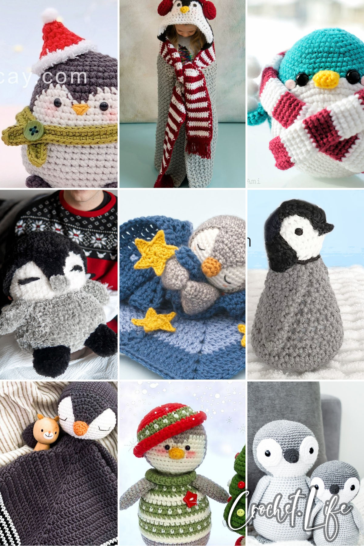 photo collage of crochet penguin patterns