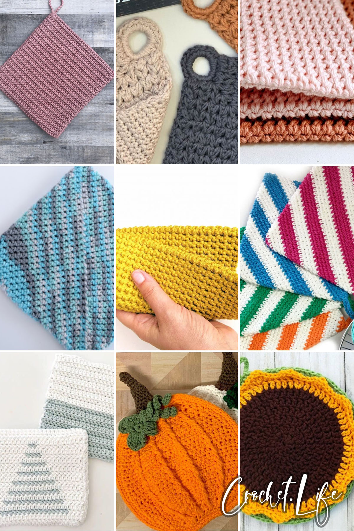 photo collage of hot pad and pot holder crochet patterns