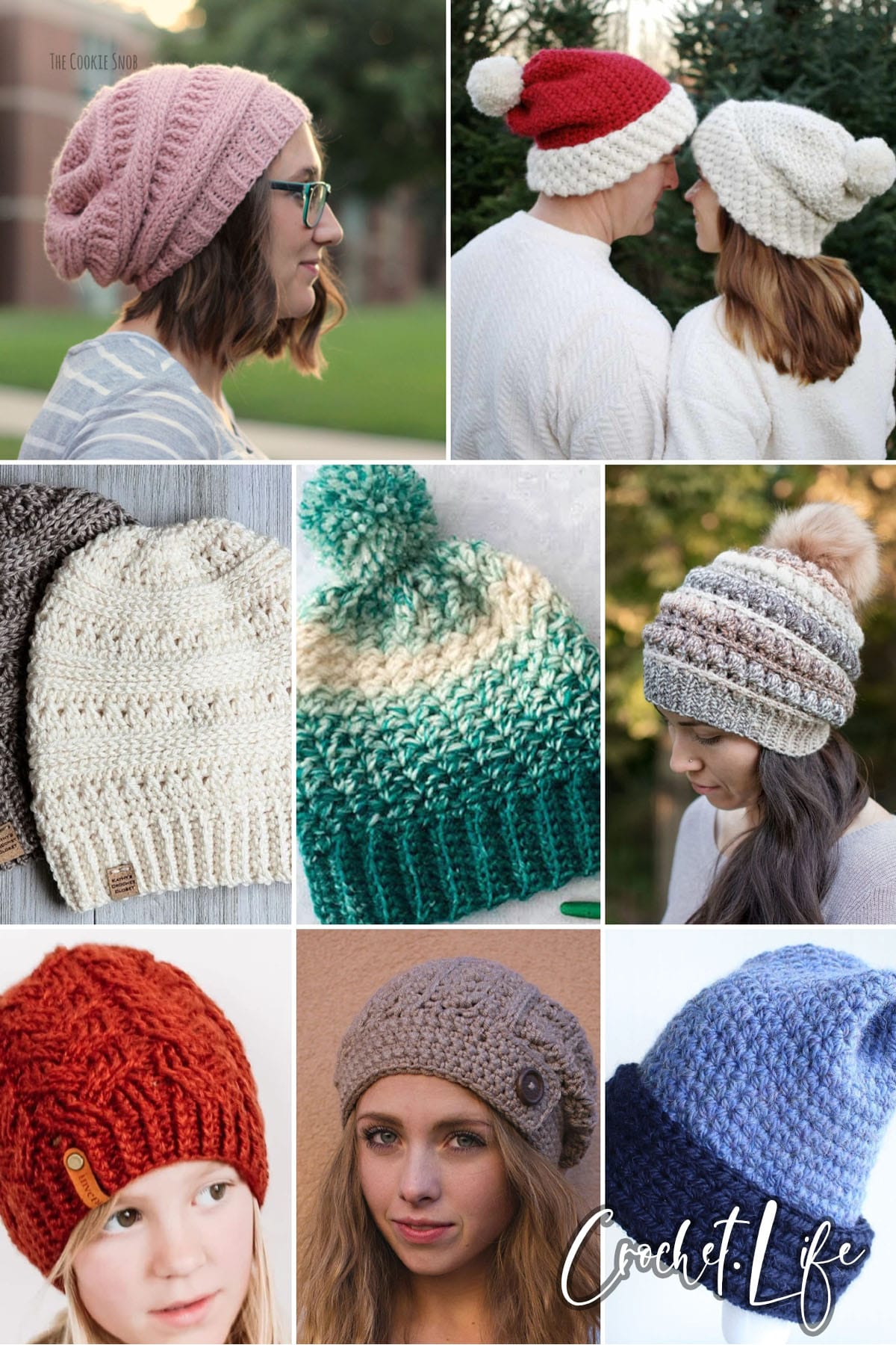 photo collage of crochet slouchy beanie patterns