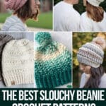 photo collage of slouchy hat crochet patterns with text which reads slouchy beanie crochet patterns