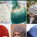 photo collage of crochet slouchy hat patterns with text which reads slouchy beanie crochet patterns