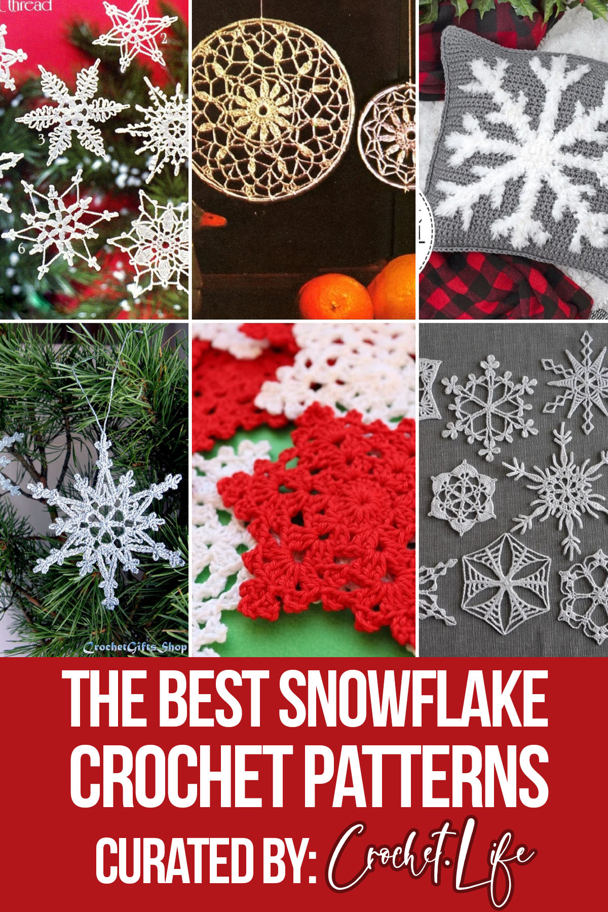 photo collage of patterns for crocheted snowflakes with text which reads the best snowflake crochet patterns curated by crochet.life
