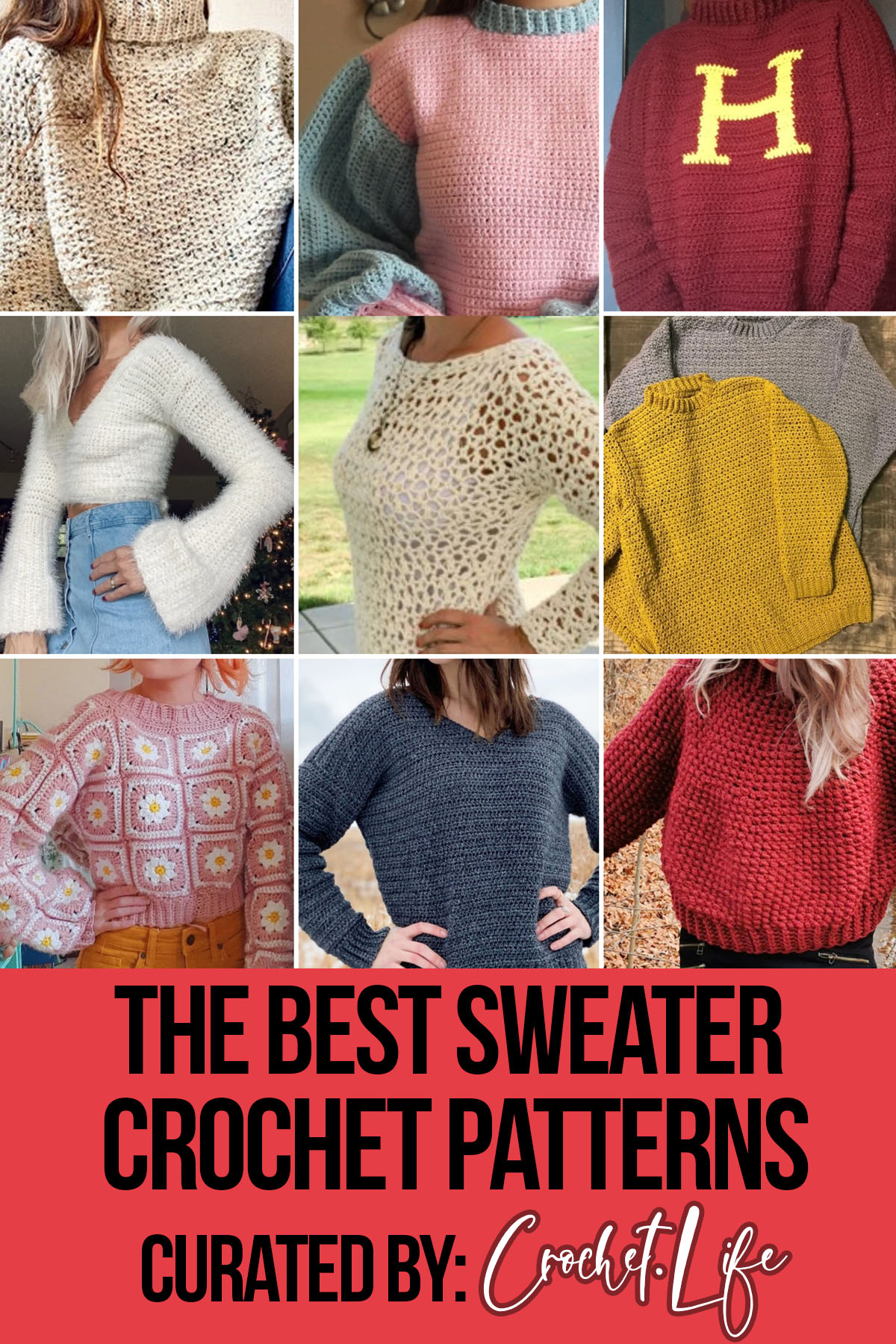 photo collage of crochet patterns for sweaters with text which reads the best sweater crochet patterns curated by crochet.life