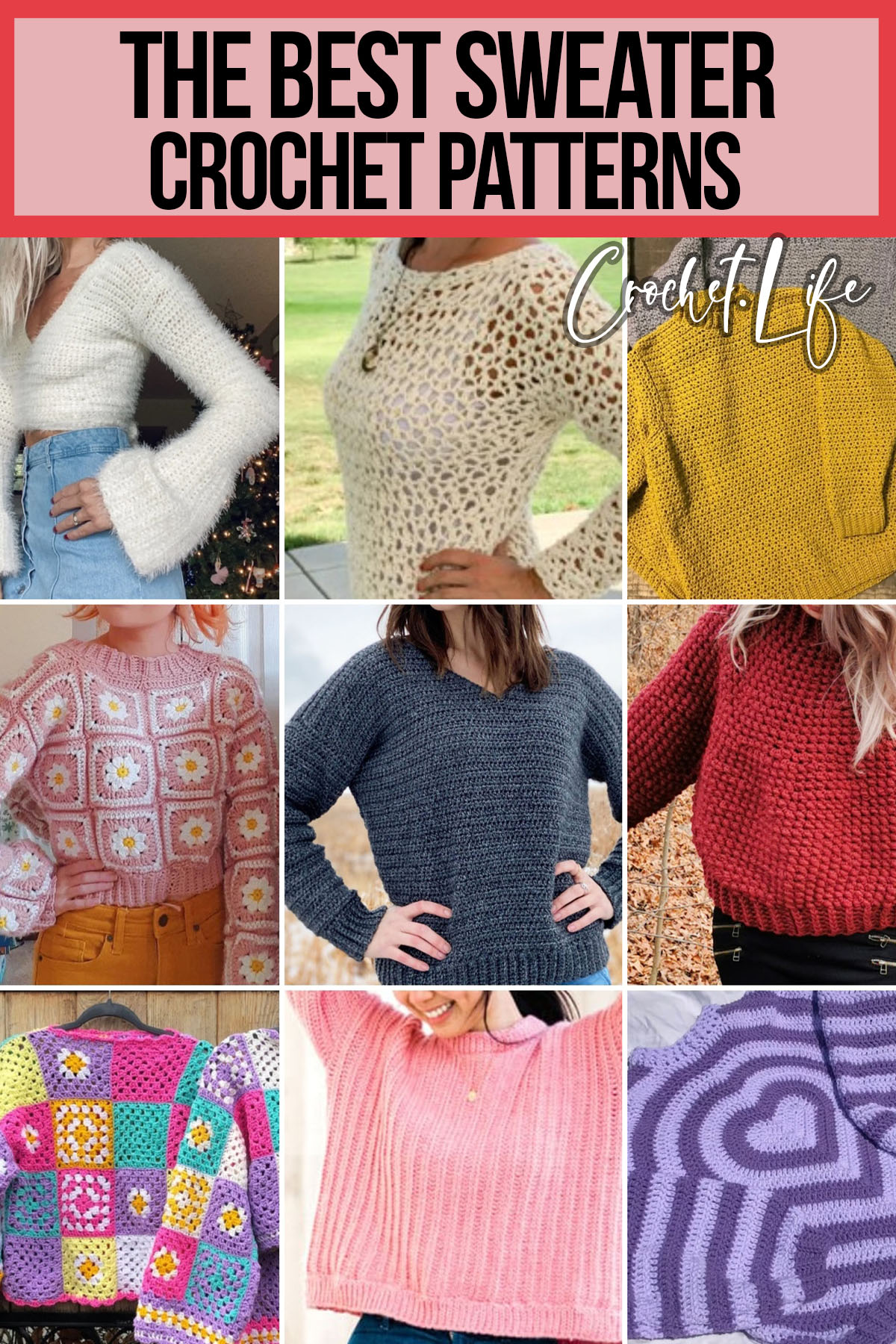 photo collage of crochet sweater patterns with text which reads the best sweater crochet patterns
