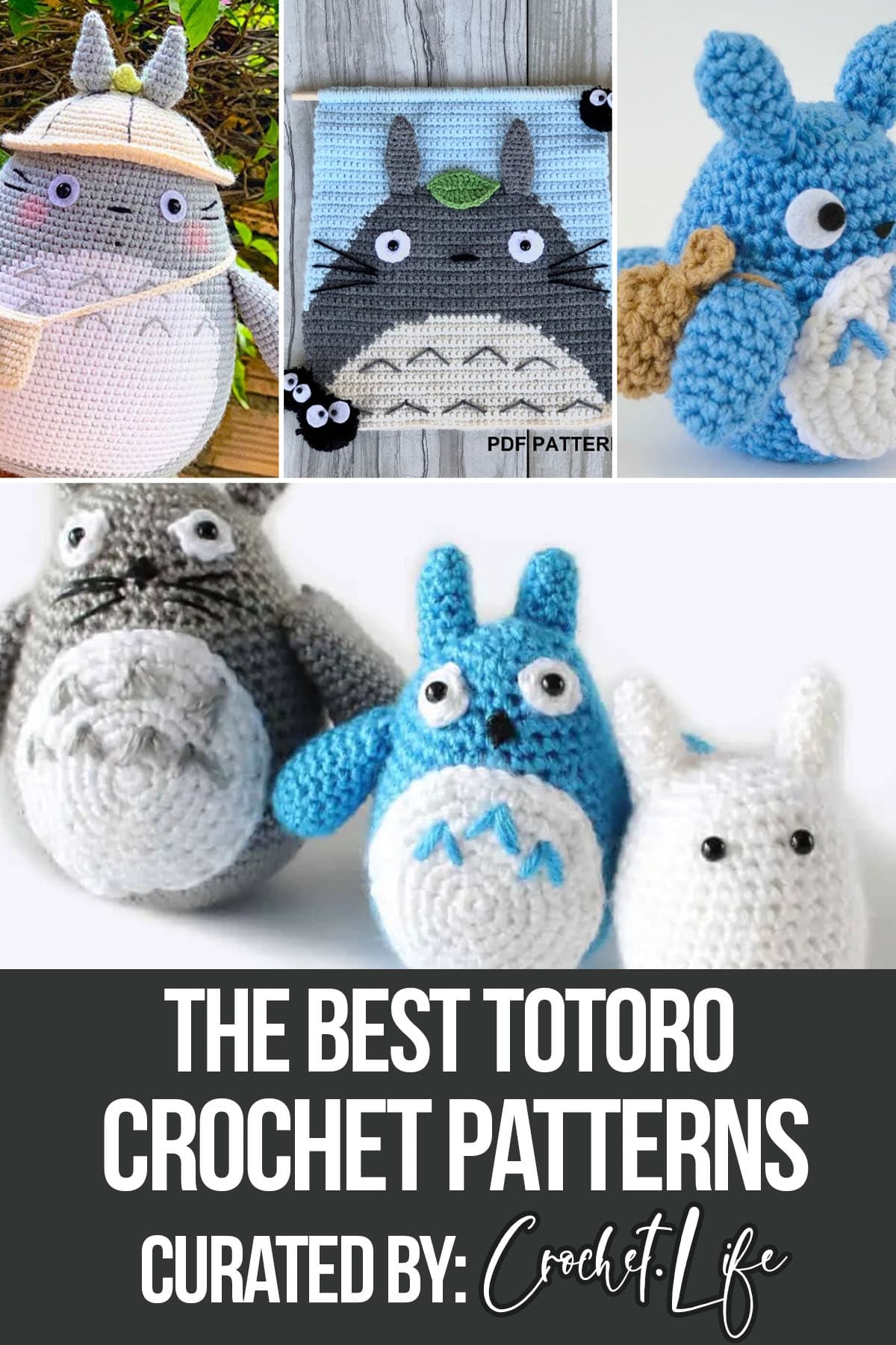 photo collage of crochet patterns for my neighbor totoro with text which reads the best totoro crochet patterns curated by crochet.life