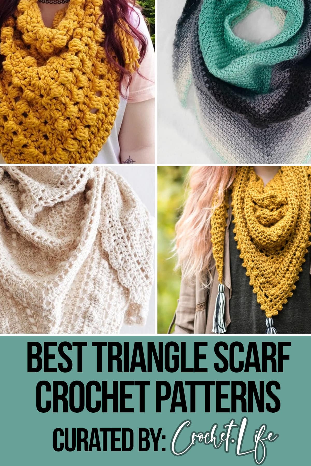 photo collage of triangle scarf crochet patterns with text which reads best triangle scarf crochet patterns curated by crochet.life