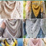 photo collage of triangle shawl crochet patterns with text which reads best triangle scarf crochet patterns