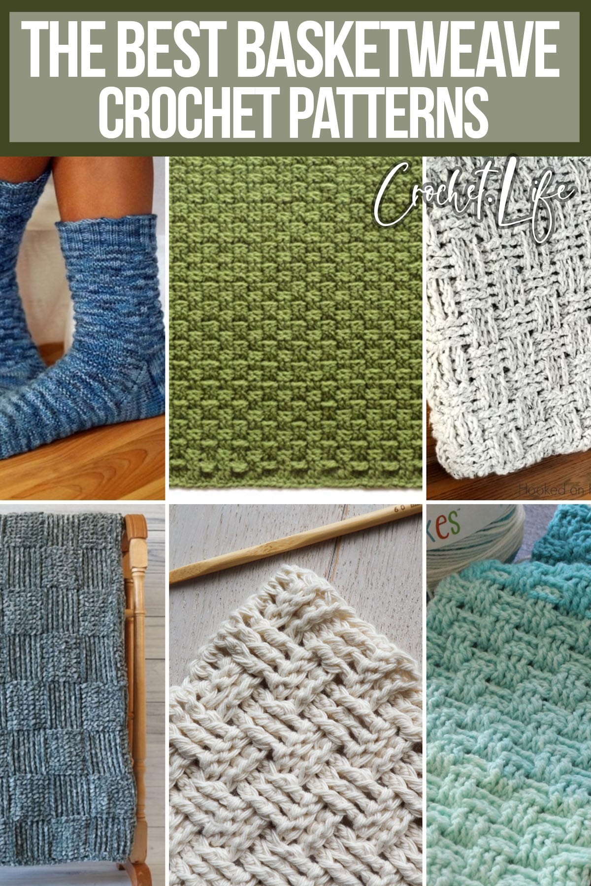 photo collage of crochet patterns with basketweave stitching with text which reads the best basketweave crochet patterns