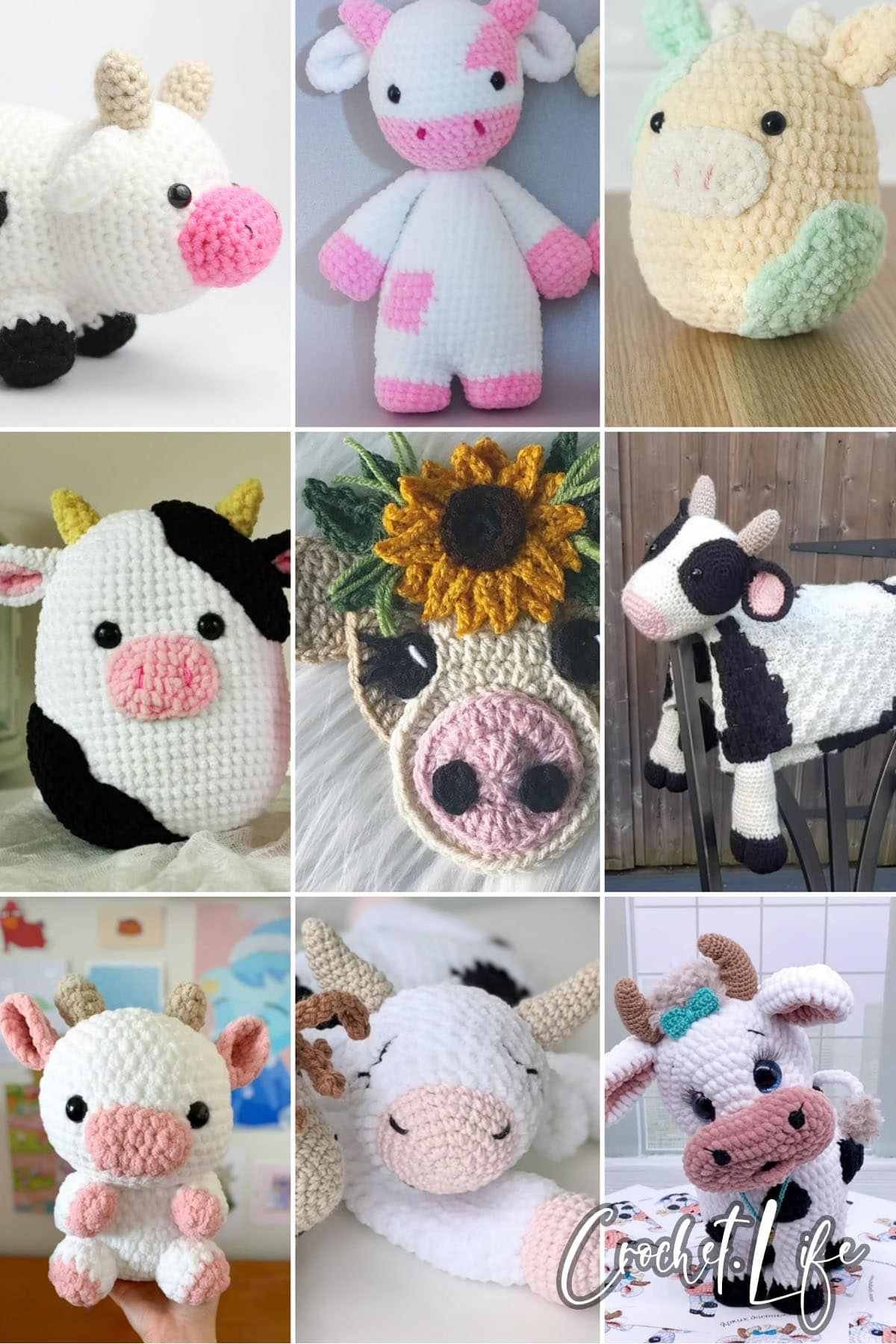 photo collage of crochet cow patterns 