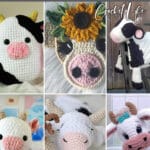 photo collage of patterns to crochet a cow with text which reads the best cow crochet patterns