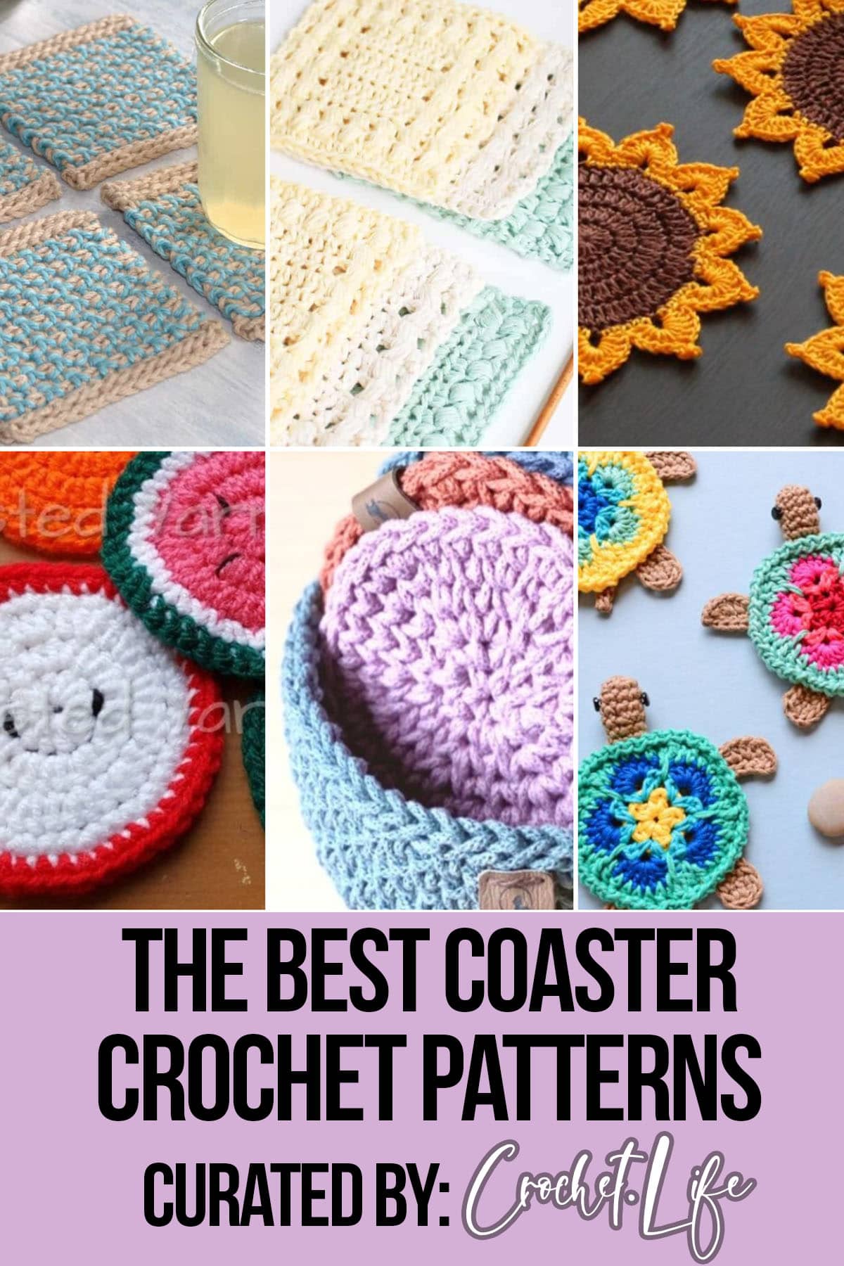 photo collage of crochet coaster patterns with text which reads the best coaster crochet patterns curated by crochet.life
