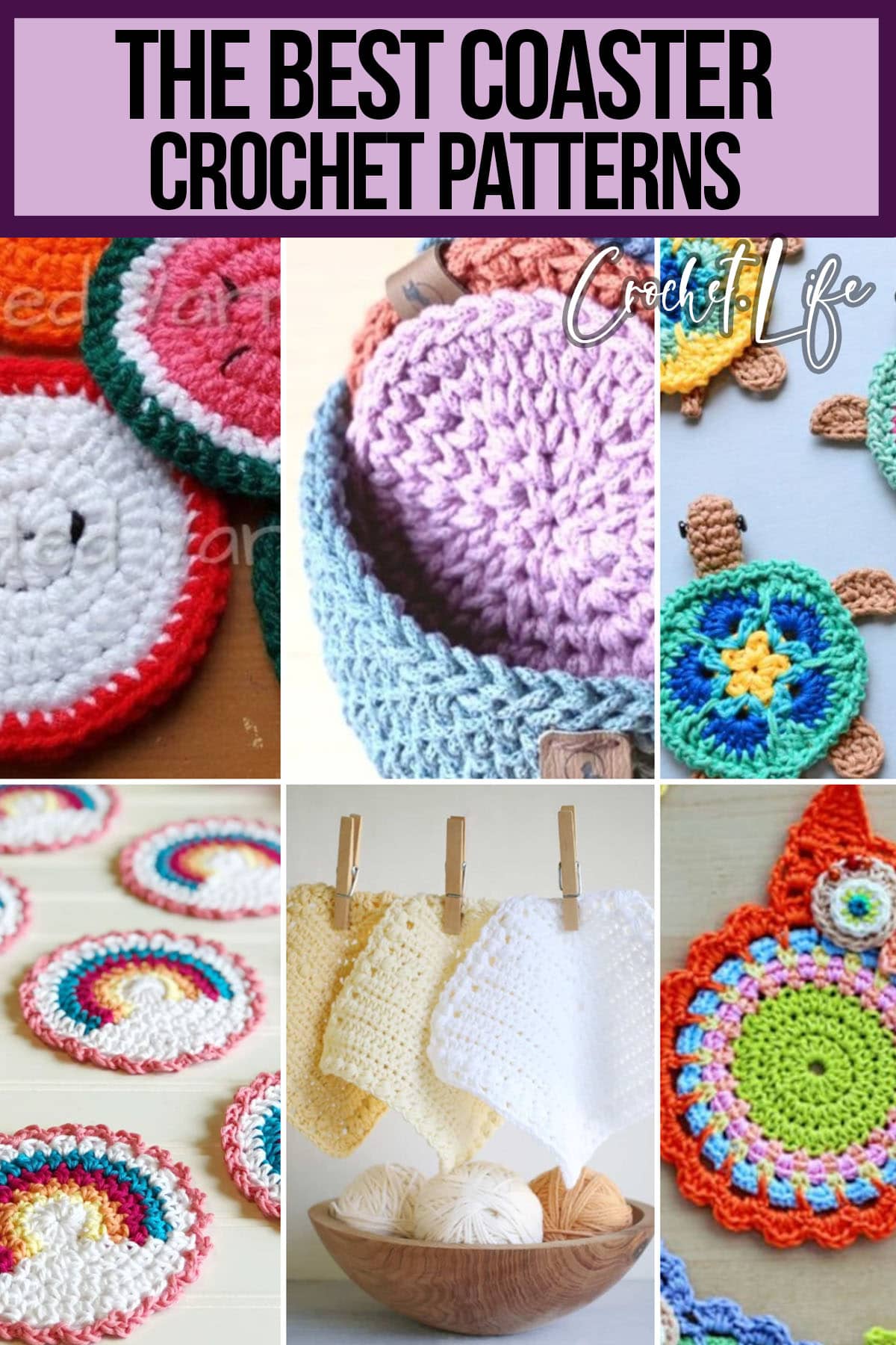 photo collage of crochet coaster patterns with text which reads the best coaster crochet patterns 