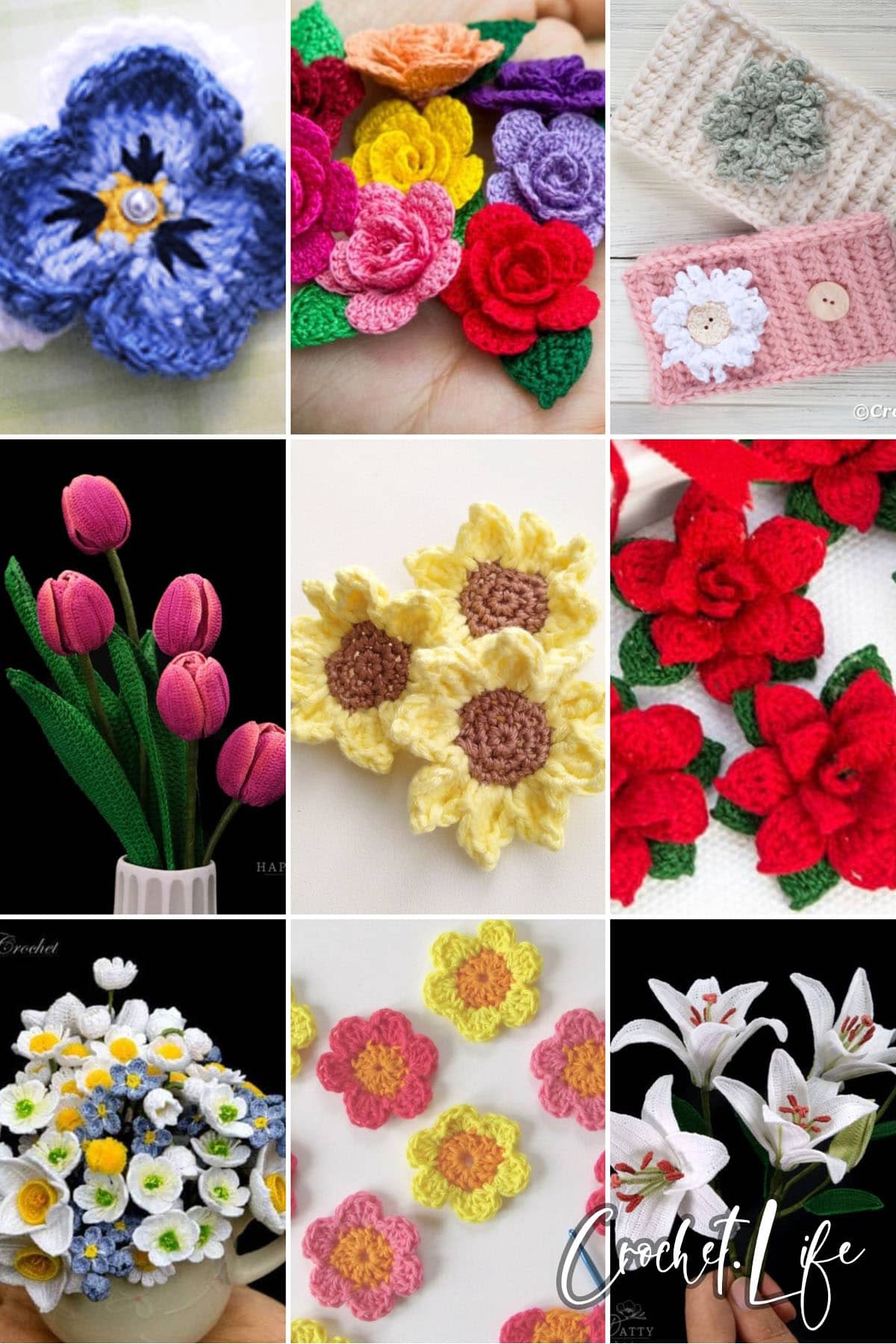 photo collage of crochet flower patterns