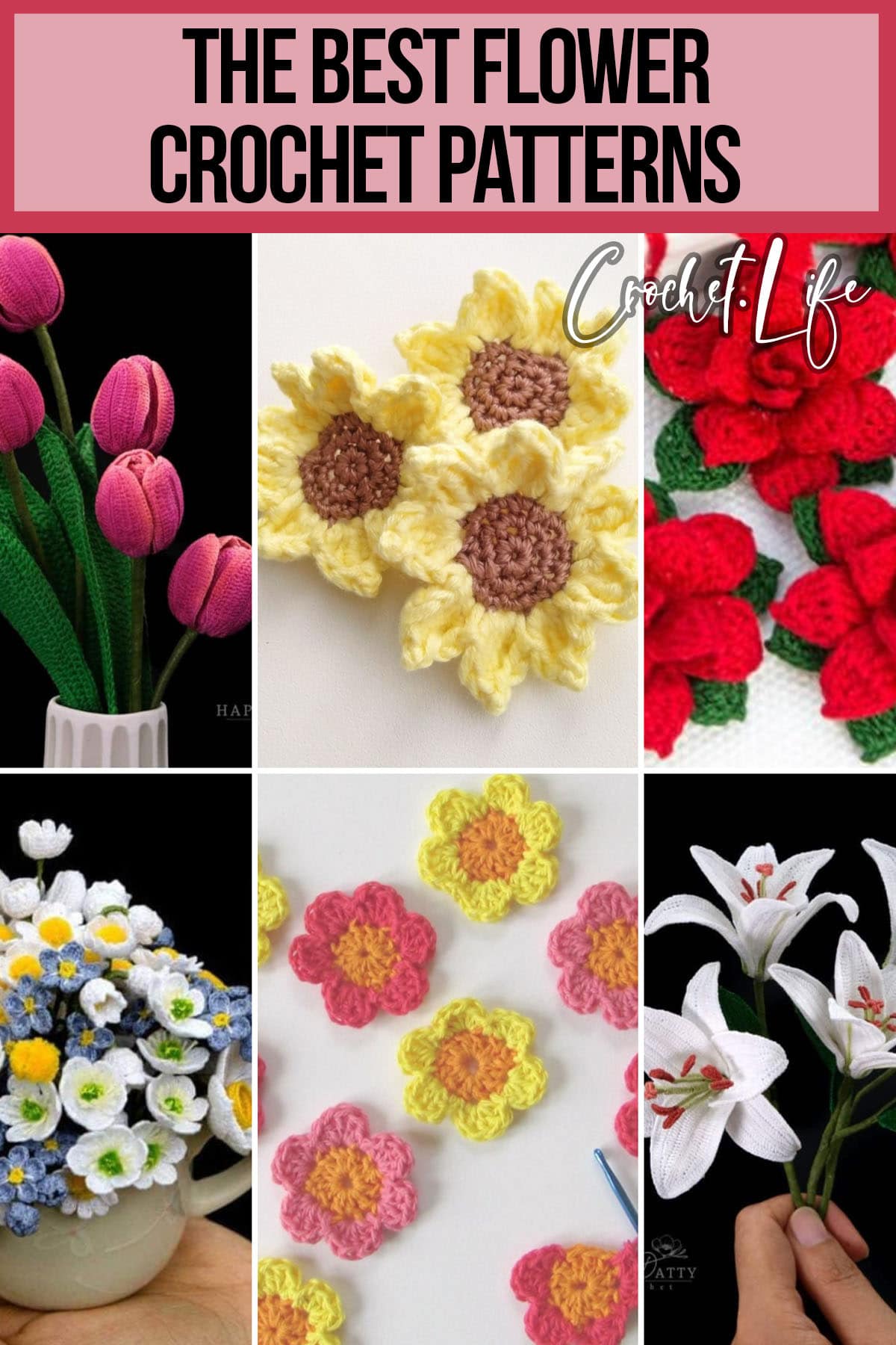 photo collage of crochet flower patterns with text which reads the best flower crochet patterns