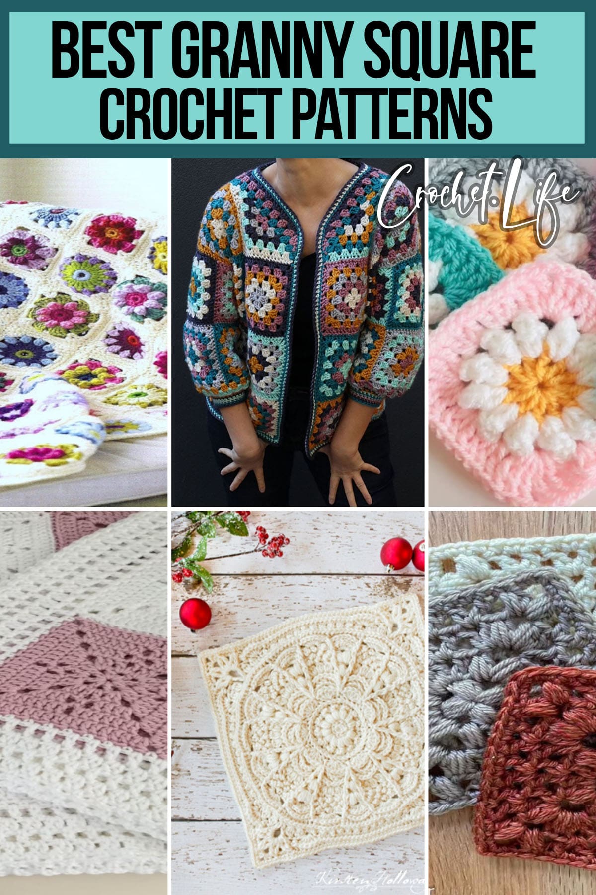 photo collage of crochet patterns using granny squares with text which reads best granny square crochet patterns 