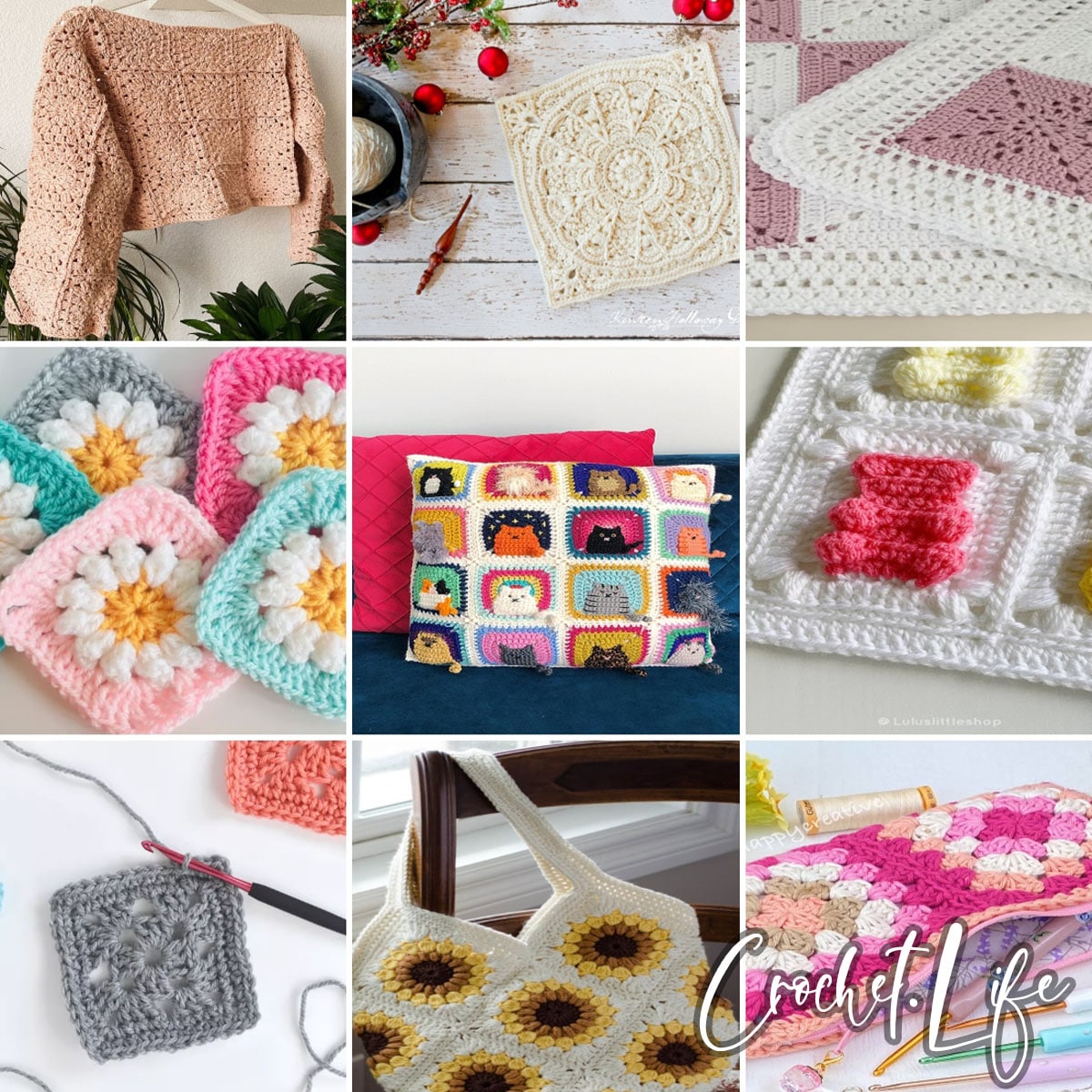 photo collage of granny square crochet patterns 