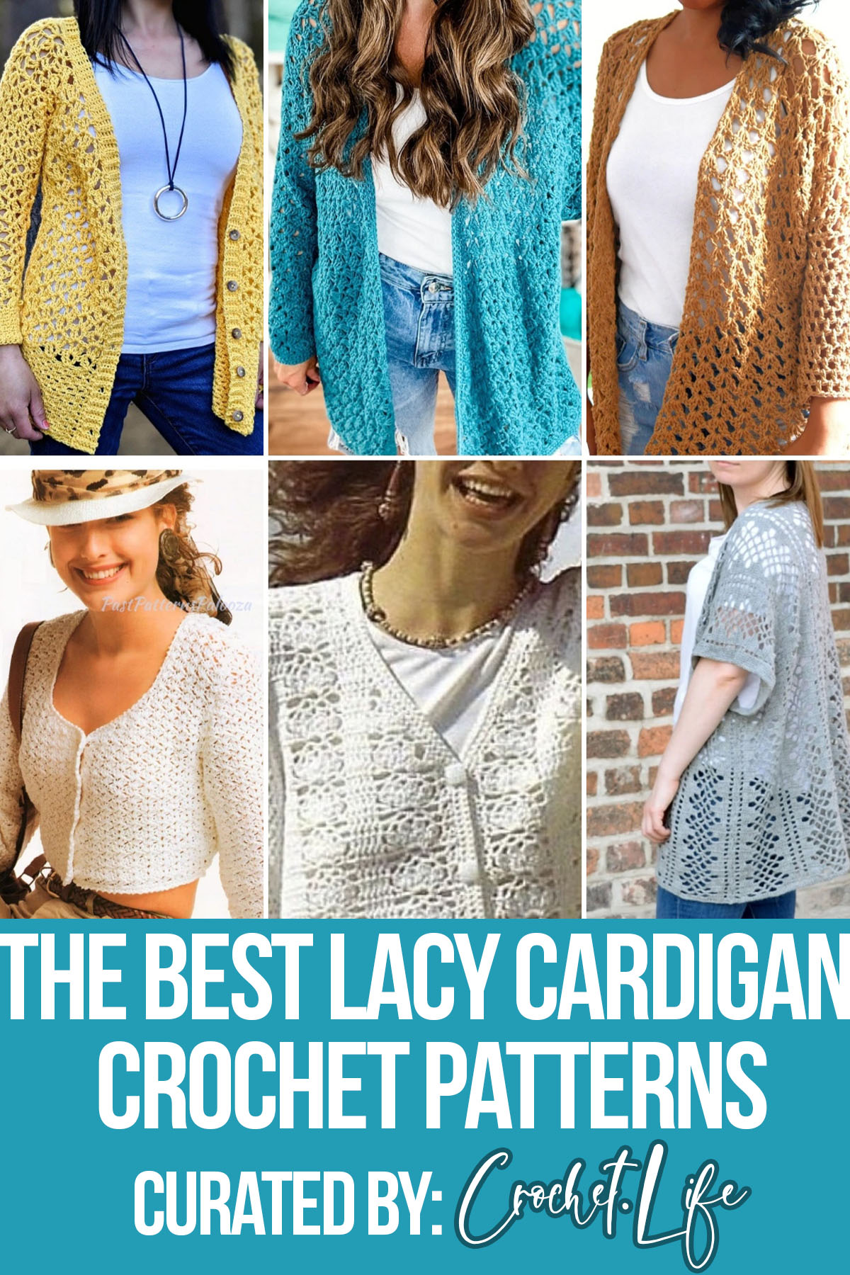 photo collage of lacy crochet cardigan patterns with text which reads the best lacy cardigans crochet patterns curated by crochet.life
