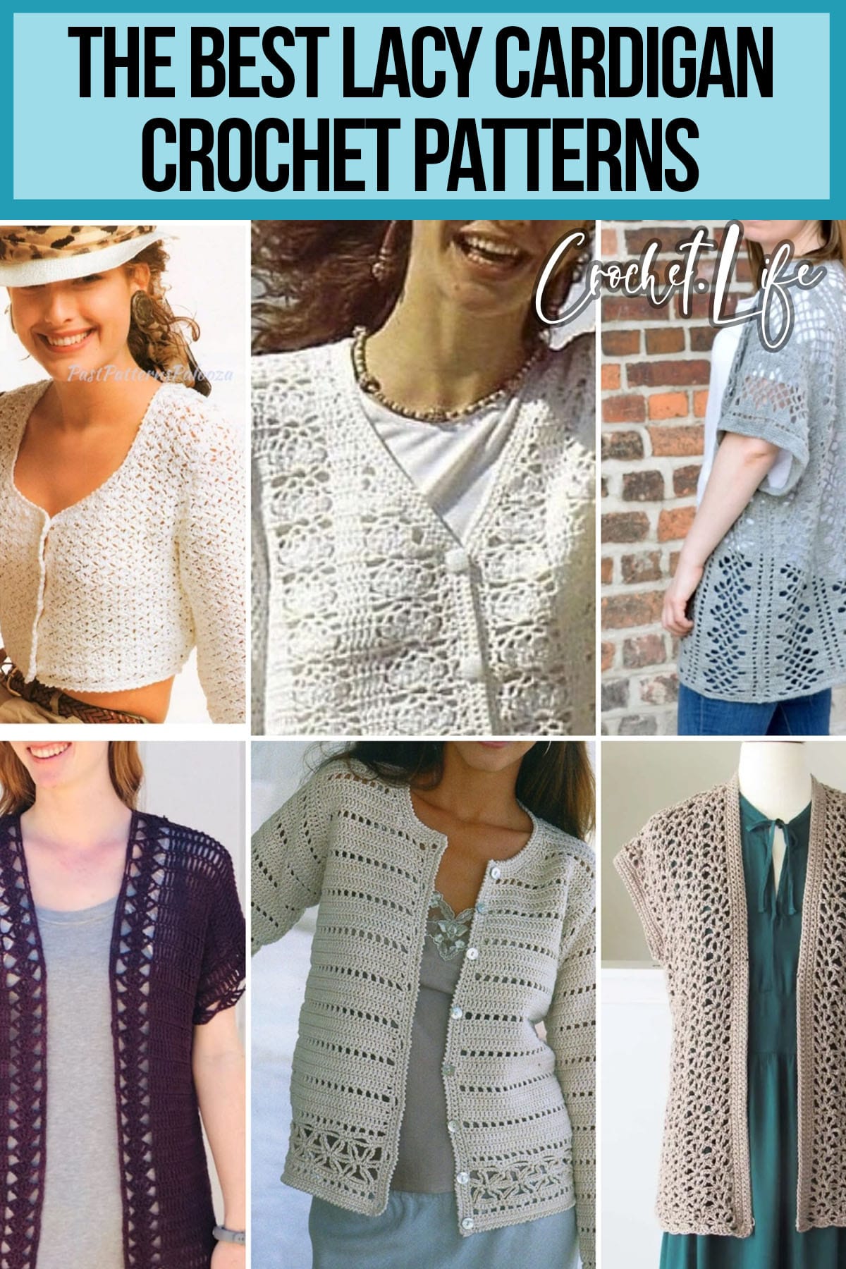photo collage of lacy crochet shrug patterns with text which reads the best lacy cardigan crochet patterns