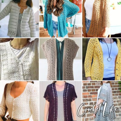 photo collage of crochet lacy cardigan patterns