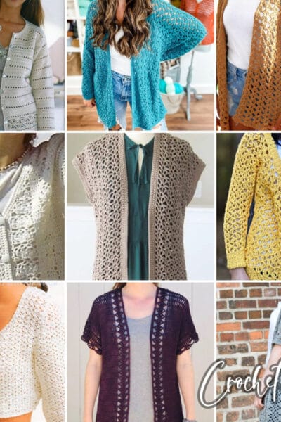 photo collage of crochet lacy cardigan patterns