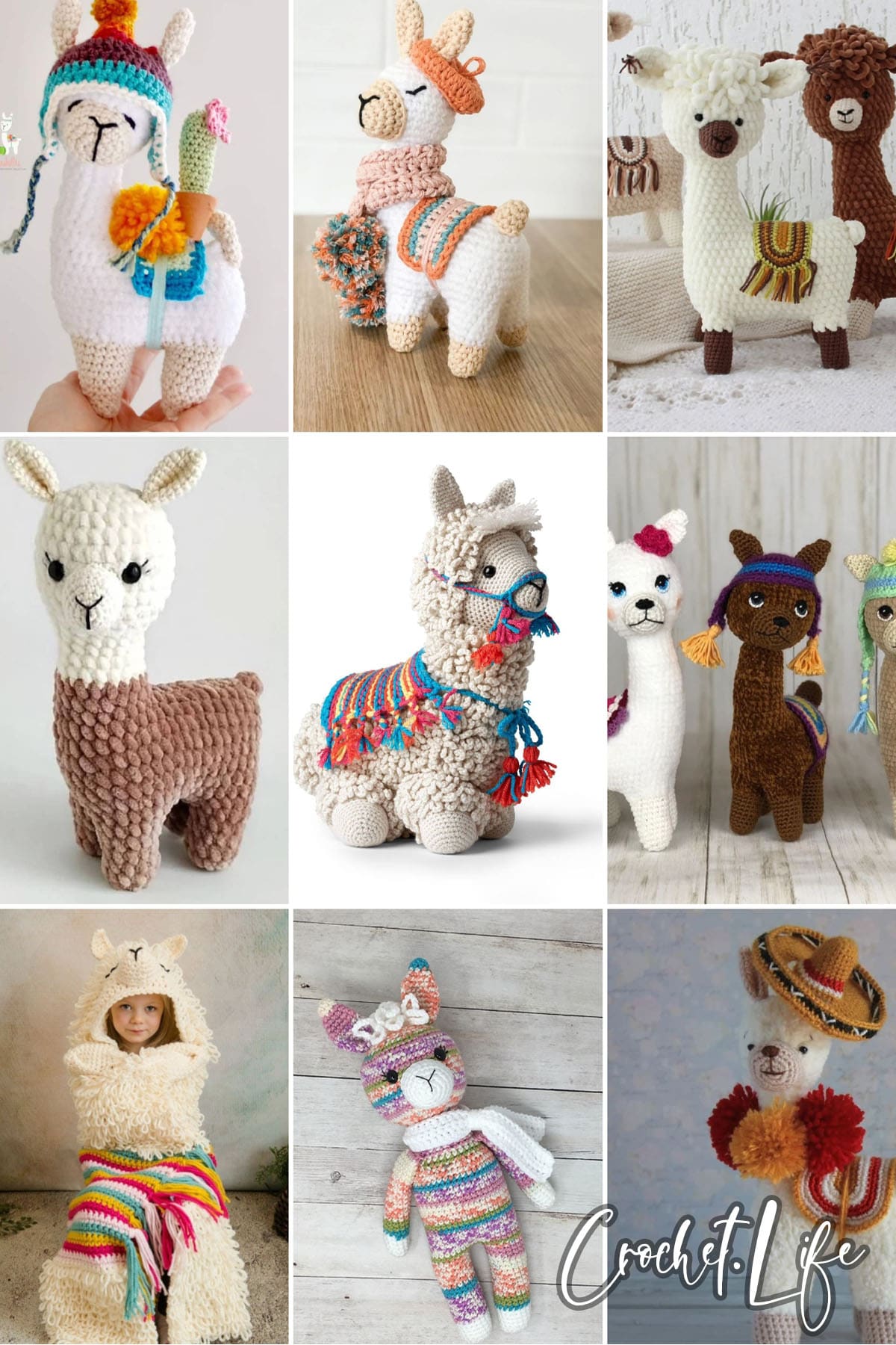 photo collage of crochet llama patterns