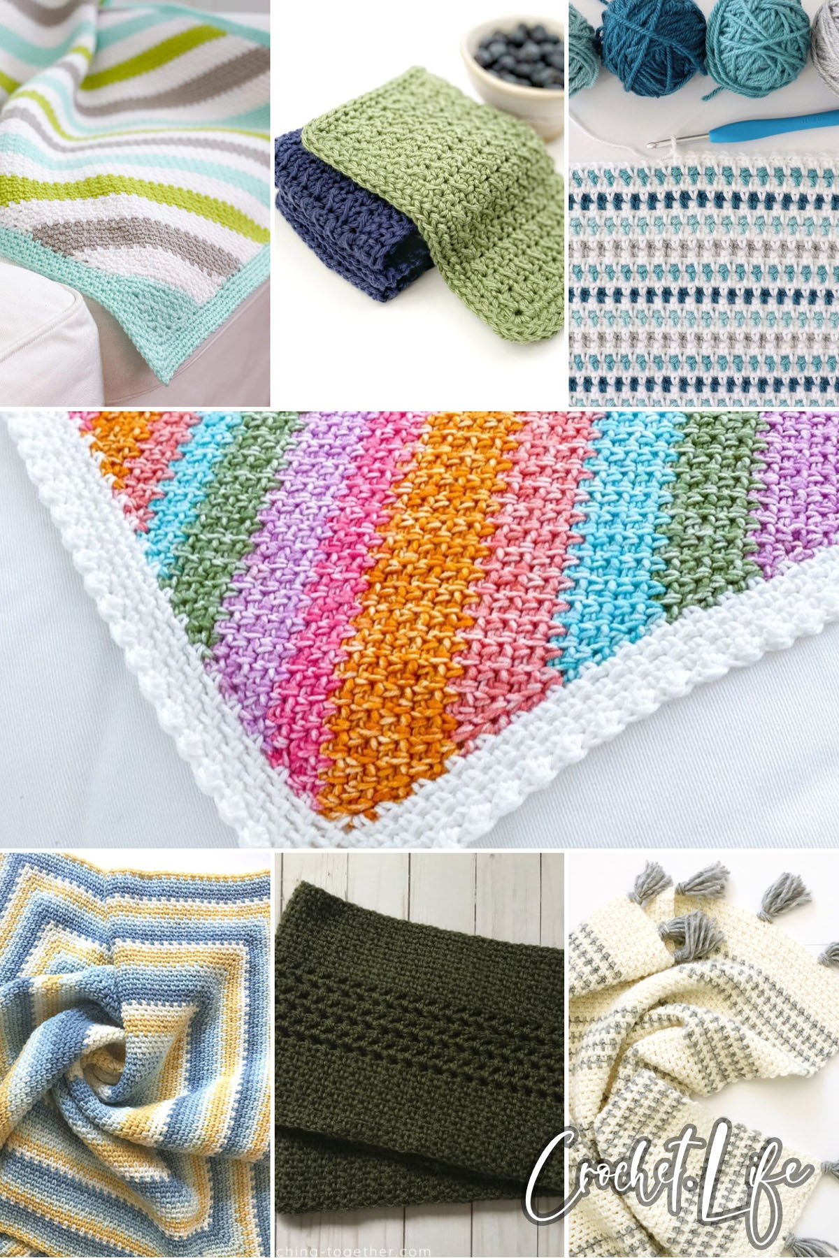 photo collage of crochet moss stitch patterns