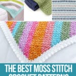 photo collage of crochet patterns using moss stitch with text which reads the best moss stitch crochet patterns curated by crochet.life
