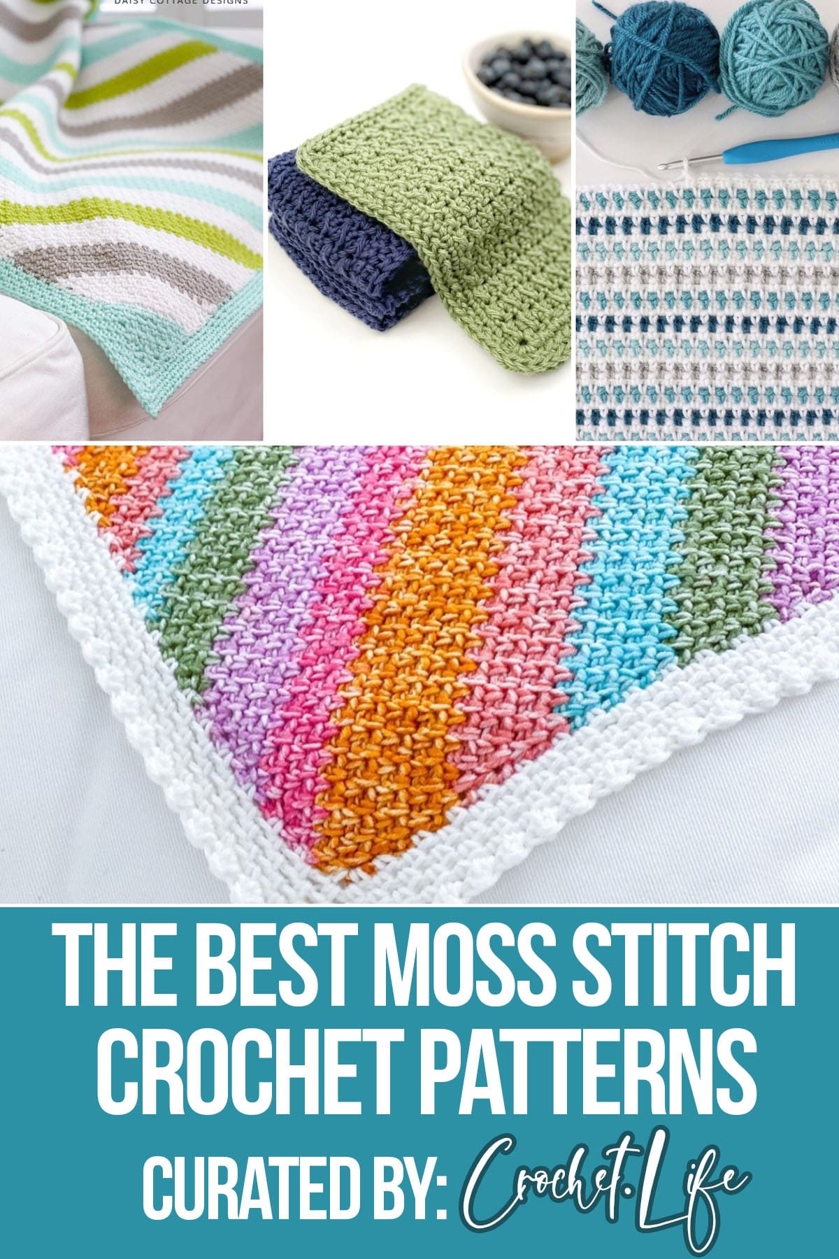 photo collage of crochet patterns using moss stitch with text which reads the best moss stitch crochet patterns curated by crochet.life