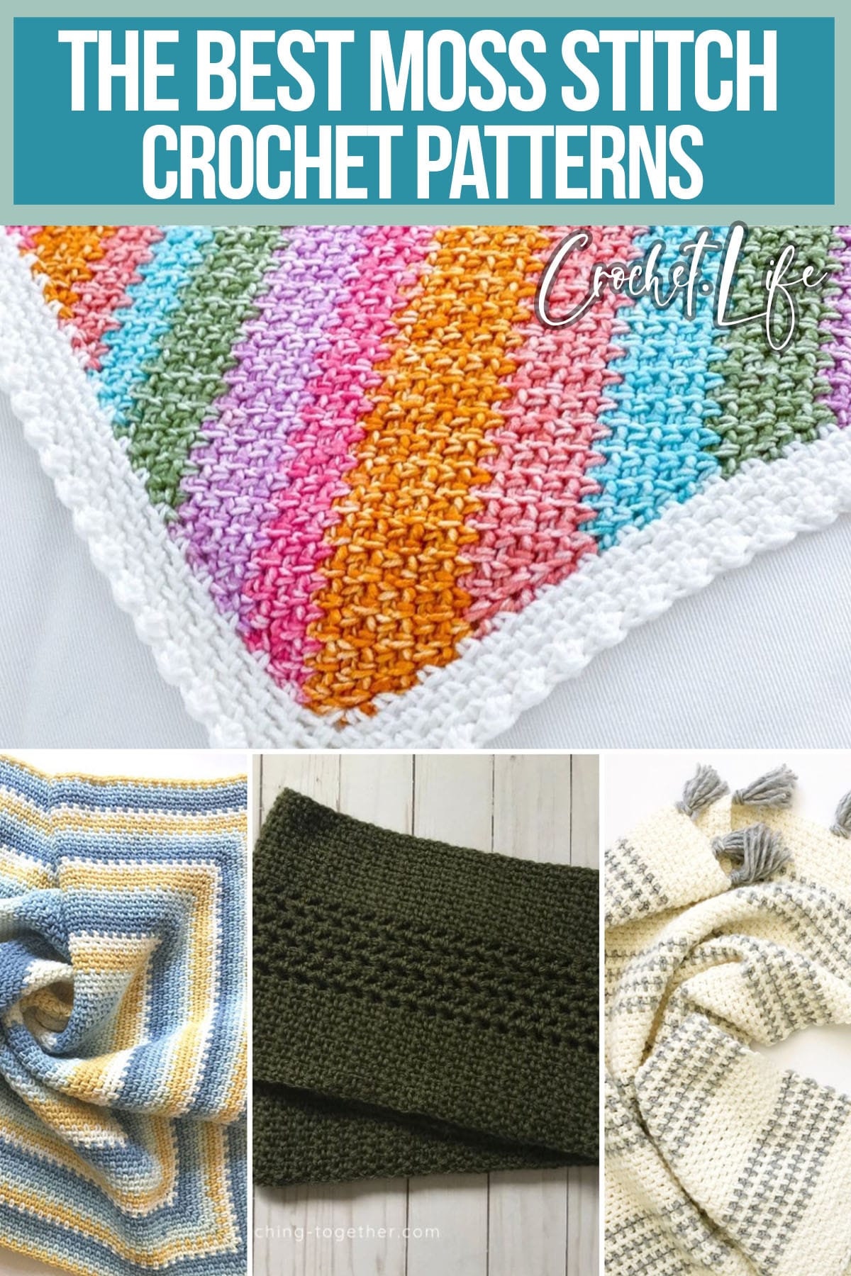 photo collage of crochet granite stitch patterns with text which reads the best moss stitch crochet patterns