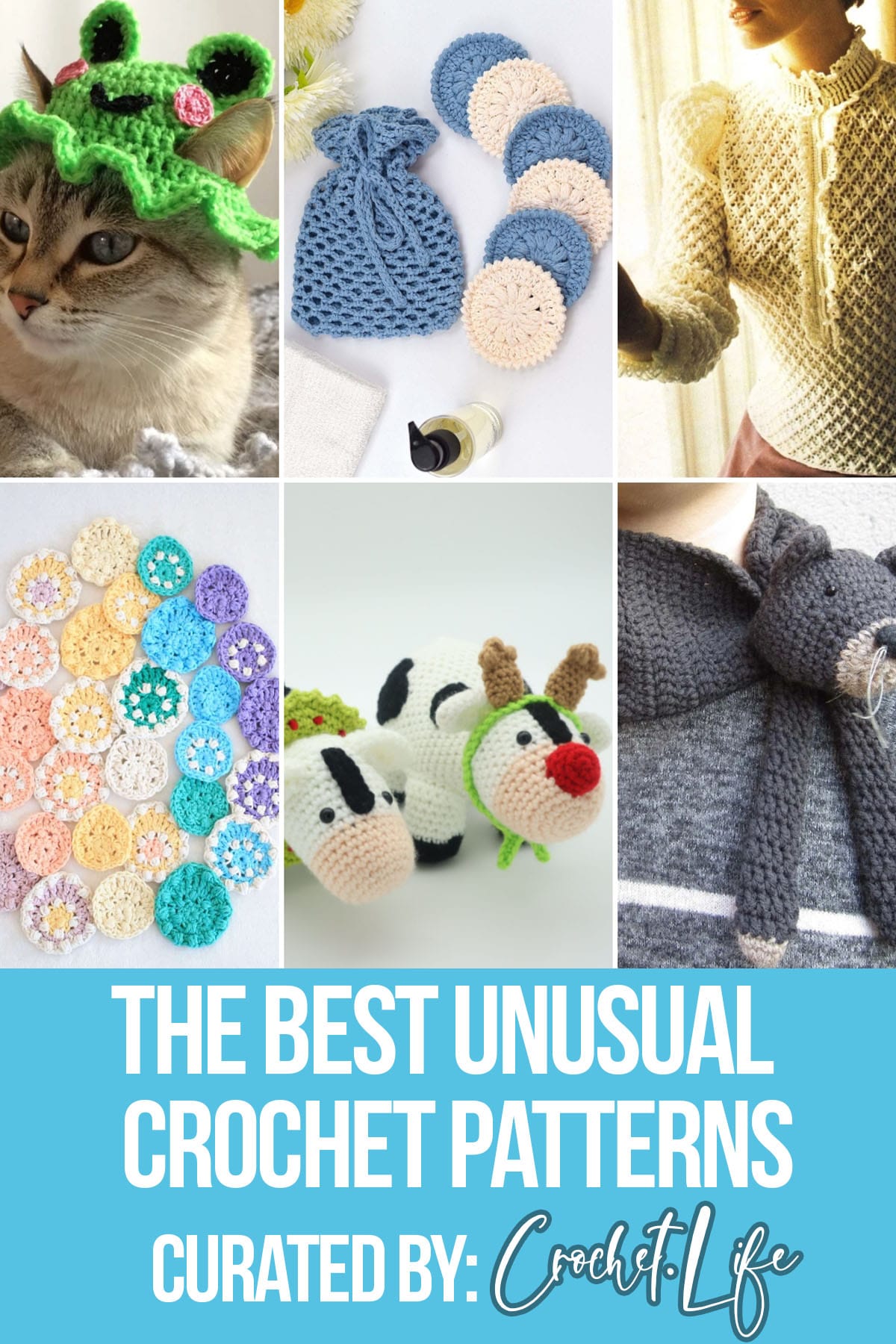 photo collage of unique crochet patterns with text which reads the best unusual crochet patterns curated by crochet.life