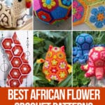 photo collage of crochet african flower patterns with text which reads best african flower crochet patterns curated by crochet.life